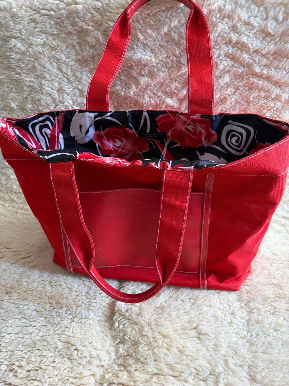 Lancome Bright Red Canvas Tote with Front Patch Pocket